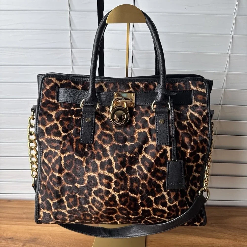 Michael Kors Hamilton Limited Edition Large Leopard Print Hair Calf Tote Black